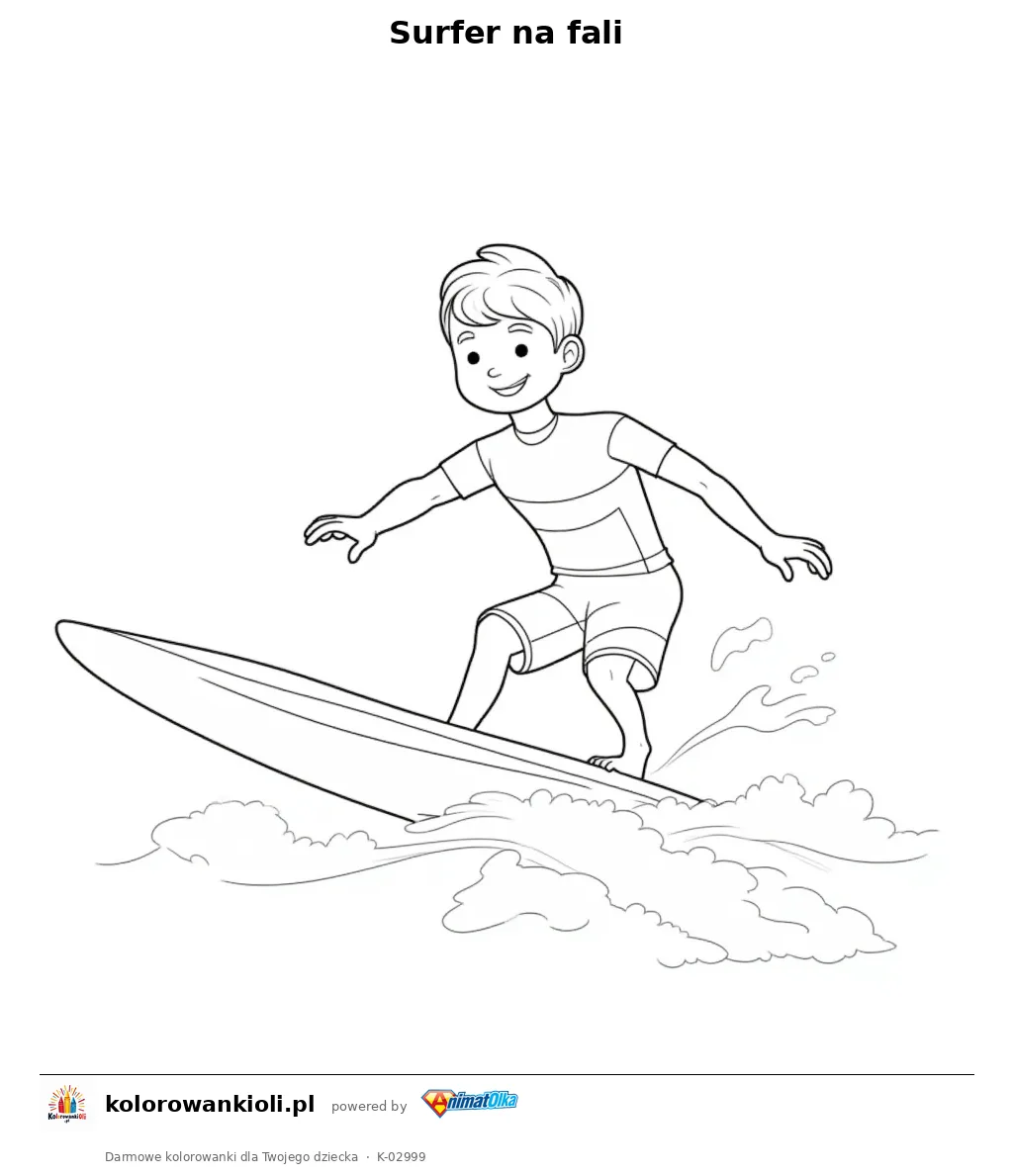 Surfer na fali — kolorowanka do wydruku dla dzieci