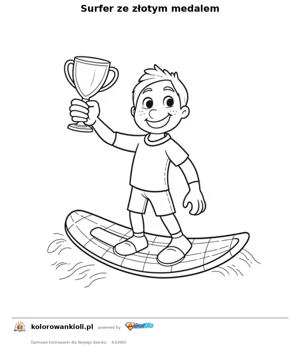 Surfer ze złotym medalem — kolorowanka do wydruku dla dzieci