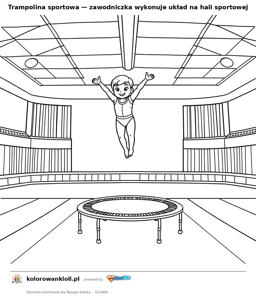 Trampolina sportowa — zawodniczka wykonuje układ na hali sportowej — kolorowanka do wydruku dla dzieci