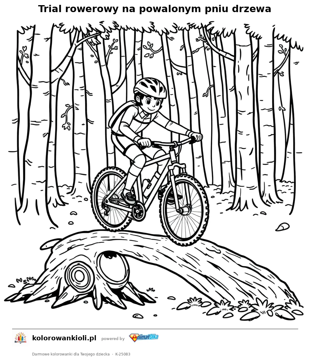 Trial rowerowy na powalonym pniu drzewa — kolorowanka do wydruku dla dzieci