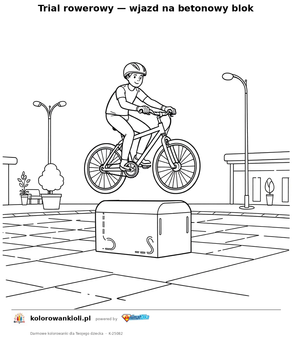 Trial rowerowy — wjazd na betonowy blok — kolorowanka do wydruku dla dzieci