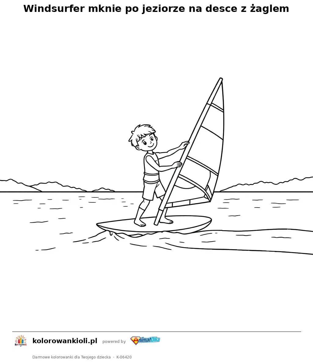 Windsurfer mknie po jeziorze na desce z żaglem — kolorowanka do wydruku dla dzieci
