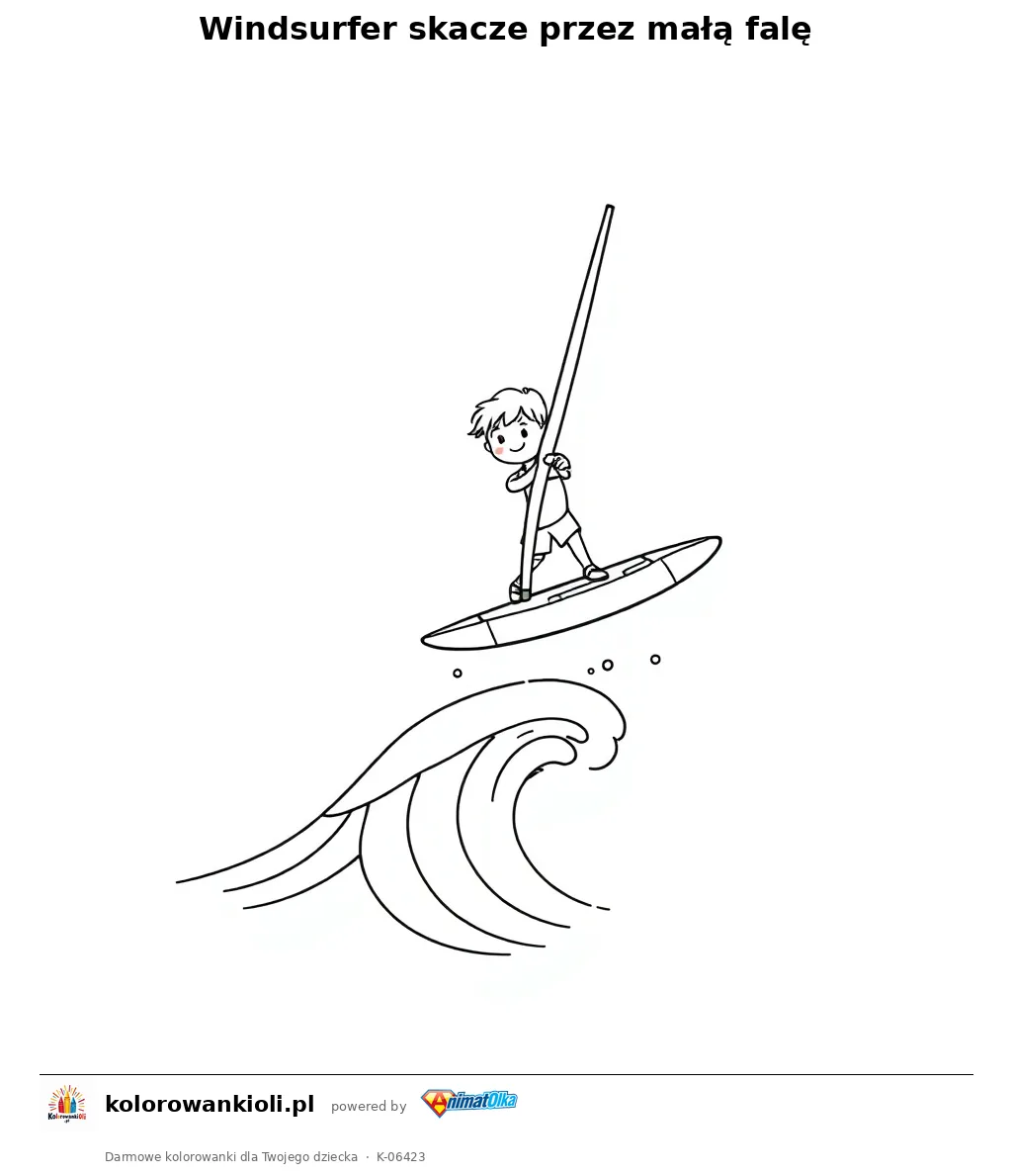 Windsurfer skacze przez małą falę — kolorowanka do wydruku dla dzieci