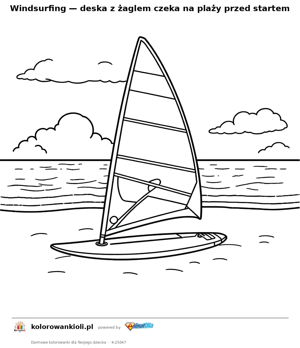 Windsurfing — deska z żaglem czeka na plaży przed startem — kolorowanka do wydruku dla dzieci