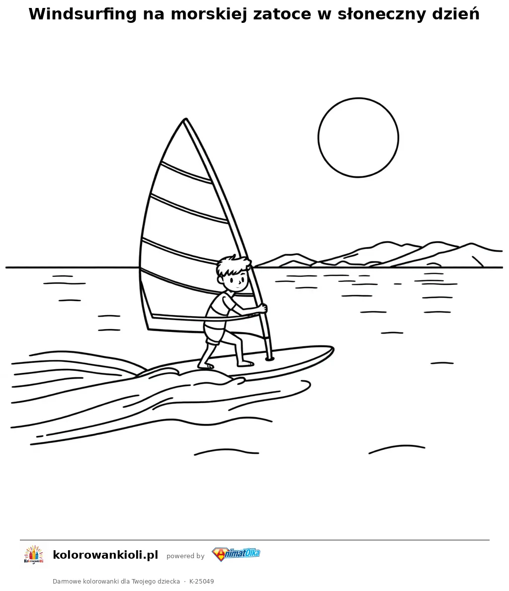 Windsurfing na morskiej zatoce w słoneczny dzień — kolorowanka do wydruku dla dzieci