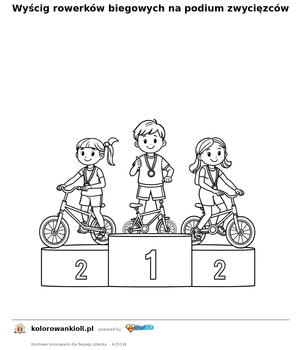 Wyścig rowerków biegowych na podium zwycięzców — kolorowanka do wydruku dla dzieci