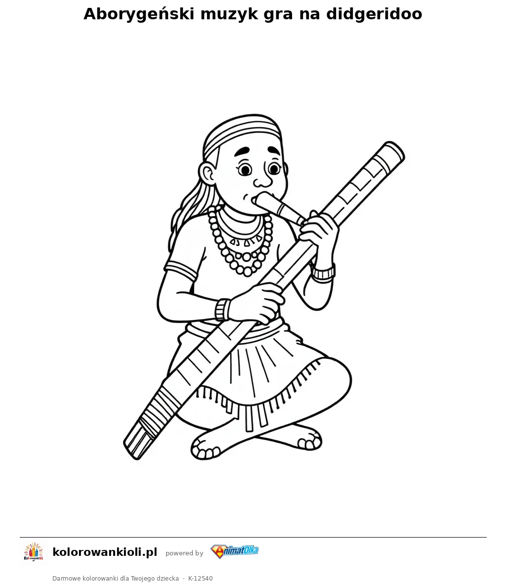 Aborygenski muzyk gra na didgeridoo — kolorowanka do wydruku dla dzieci