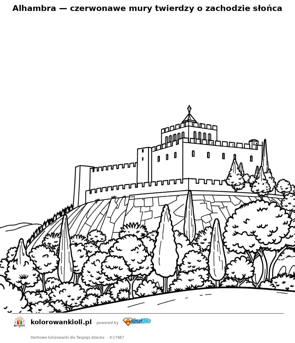 Alhambra — czerwonawe mury twierdzy o zachodzie słońca — kolorowanka do wydruku dla dzieci