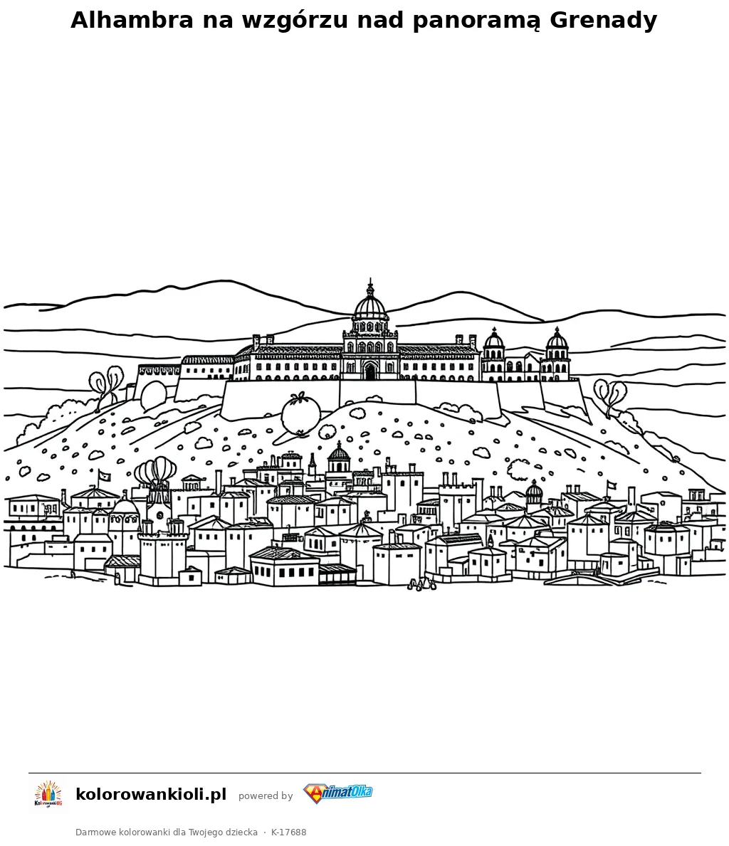 Alhambra na wzgórzu nad panoramą Grenady — kolorowanka do wydruku dla dzieci