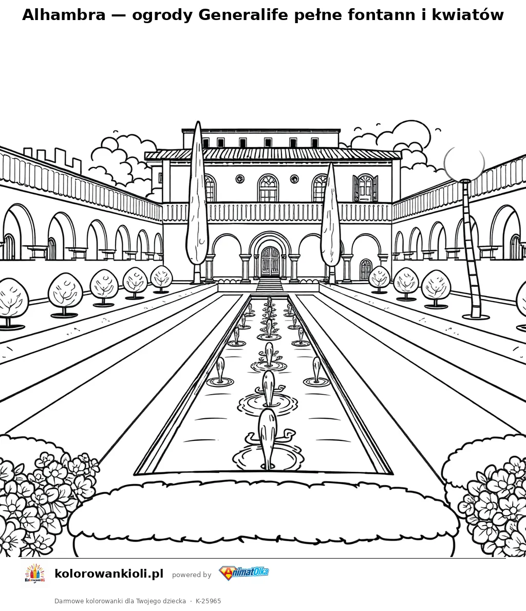 Alhambra — ogrody Generalife pełne fontann i kwiatów — kolorowanka do wydruku dla dzieci