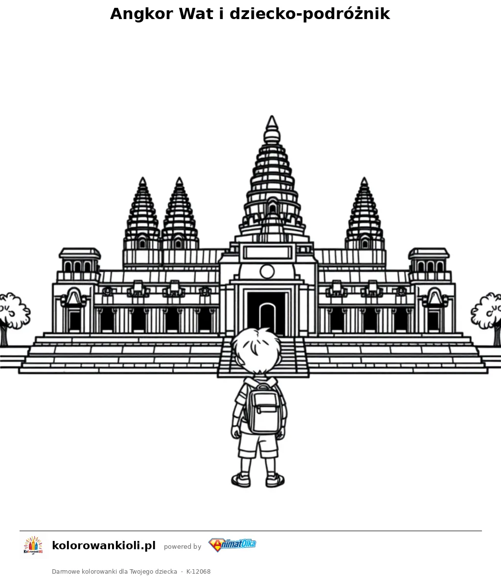 Angkor Wat i dziecko-podróżnik — kolorowanka do wydruku dla dzieci