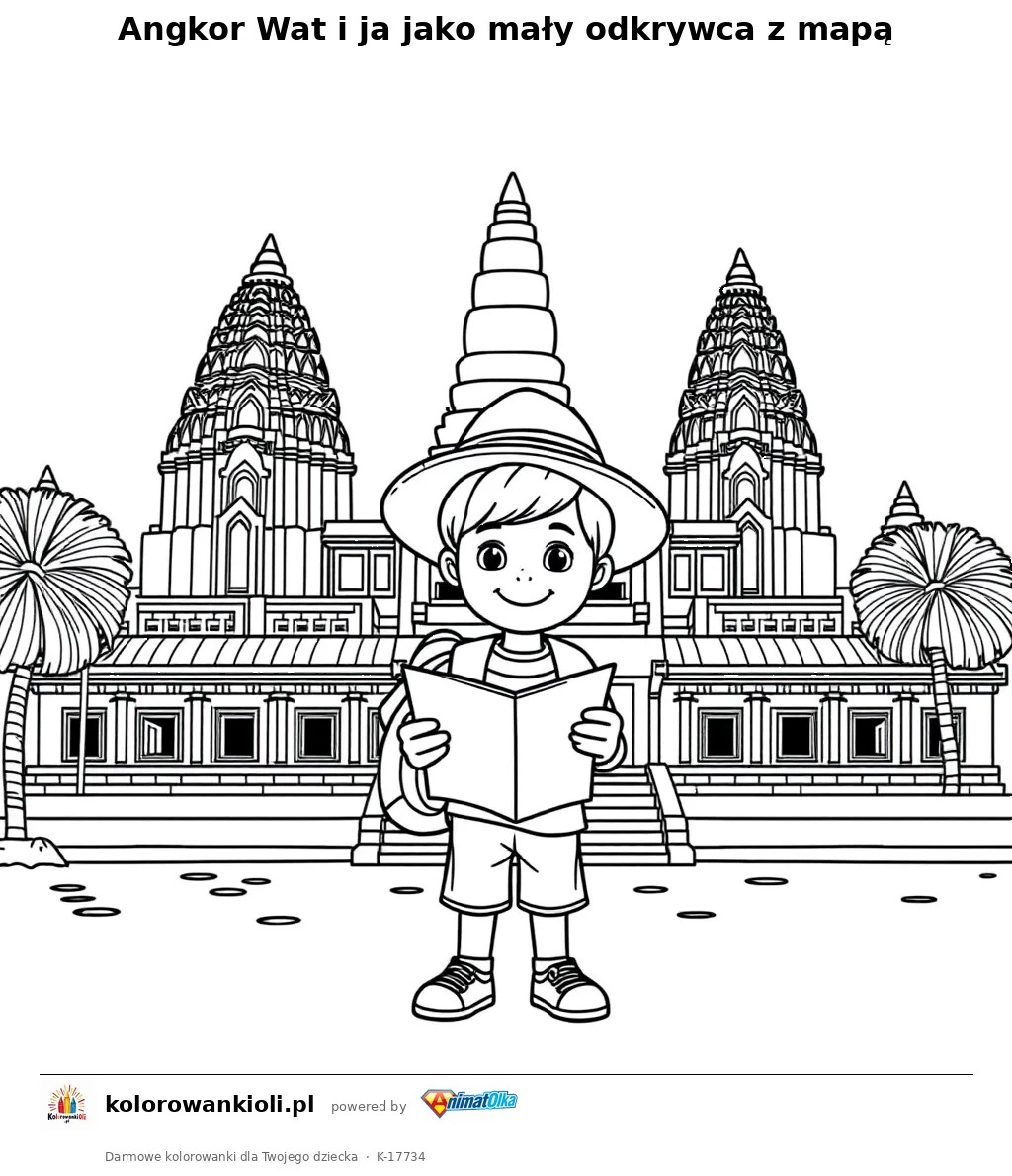 Angkor Wat i ja jako mały odkrywca z mapą — kolorowanka do wydruku dla dzieci