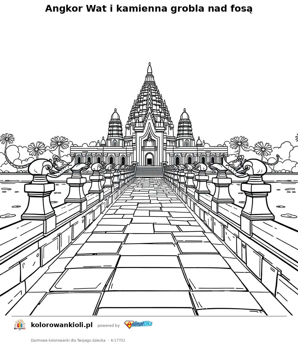 Angkor Wat i kamienna grobla nad fosą — kolorowanka do wydruku dla dzieci