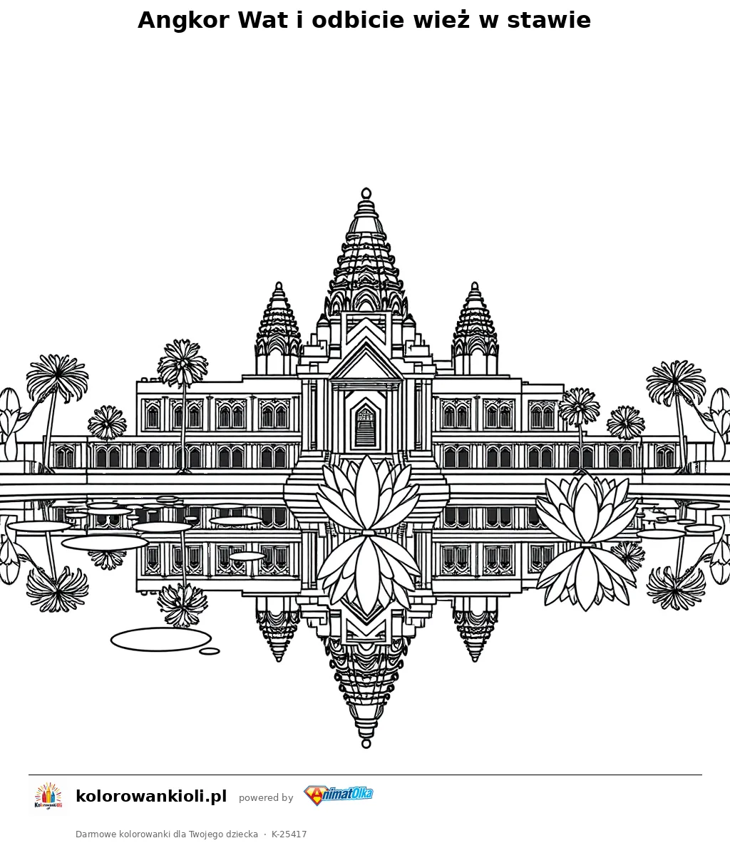 Angkor Wat i odbicie wież w stawie — kolorowanka do wydruku dla dzieci