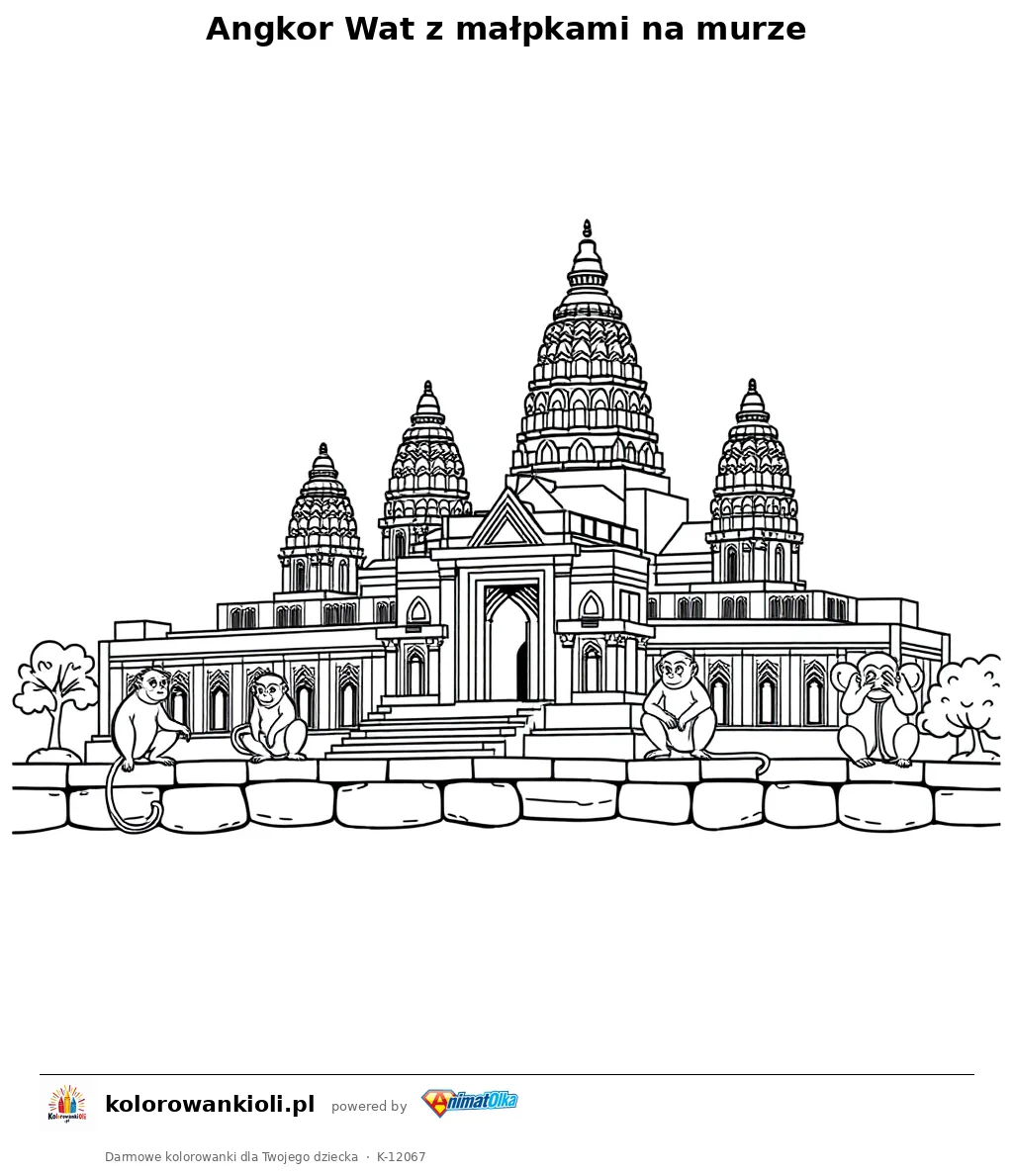 Angkor Wat z małpkami na murze — kolorowanka do wydruku dla dzieci