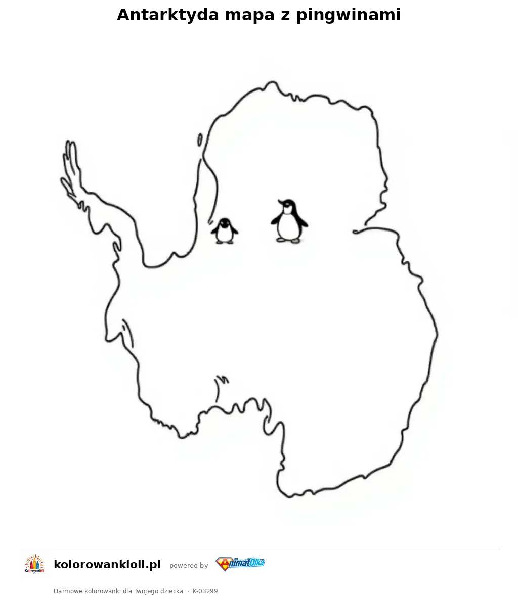 Antarktyda mapa z pingwinami — kolorowanka do wydruku dla dzieci