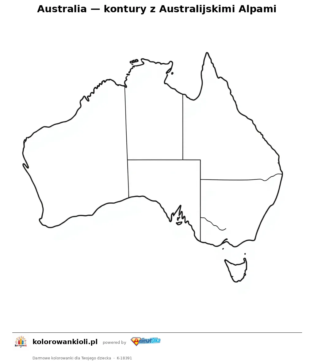 Australia — kontury z Australijskimi Alpami — kolorowanka do wydruku dla dzieci