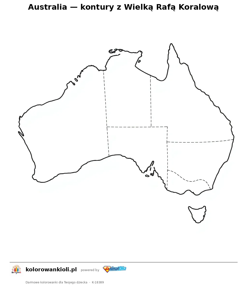 Australia — kontury z Wielką Rafą Koralową — kolorowanka do wydruku dla dzieci