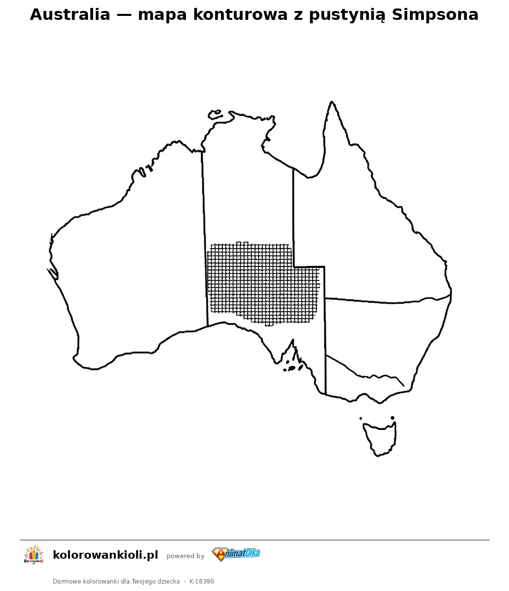 Australia — mapa konturowa z pustynią Simpsona — kolorowanka do wydruku dla dzieci