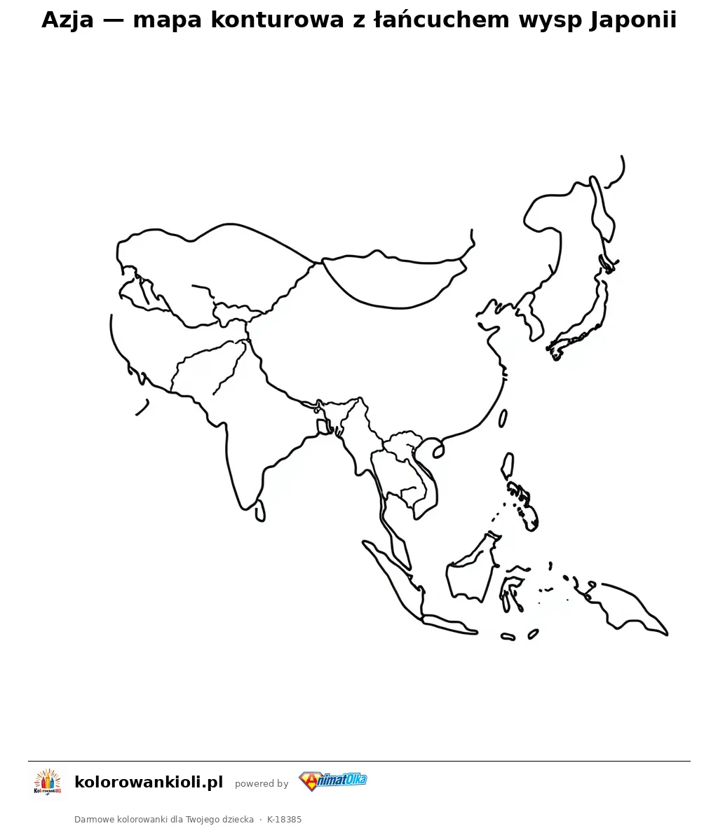 Azja — mapa konturowa z łańcuchem wysp Japonii — kolorowanka do wydruku dla dzieci