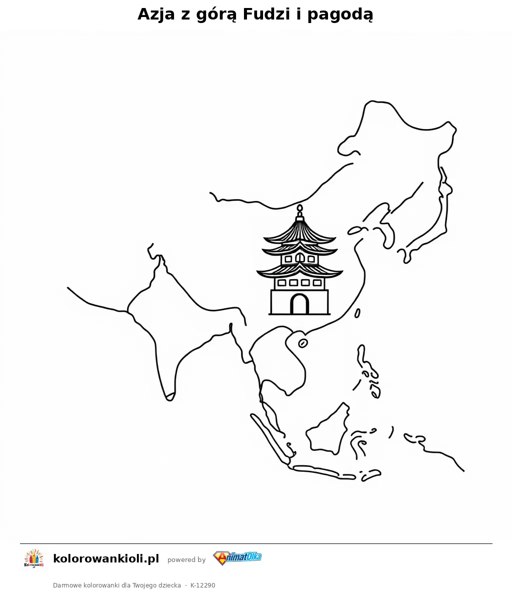 Azja z gora Fudzi i pagoda — kolorowanka do wydruku dla dzieci