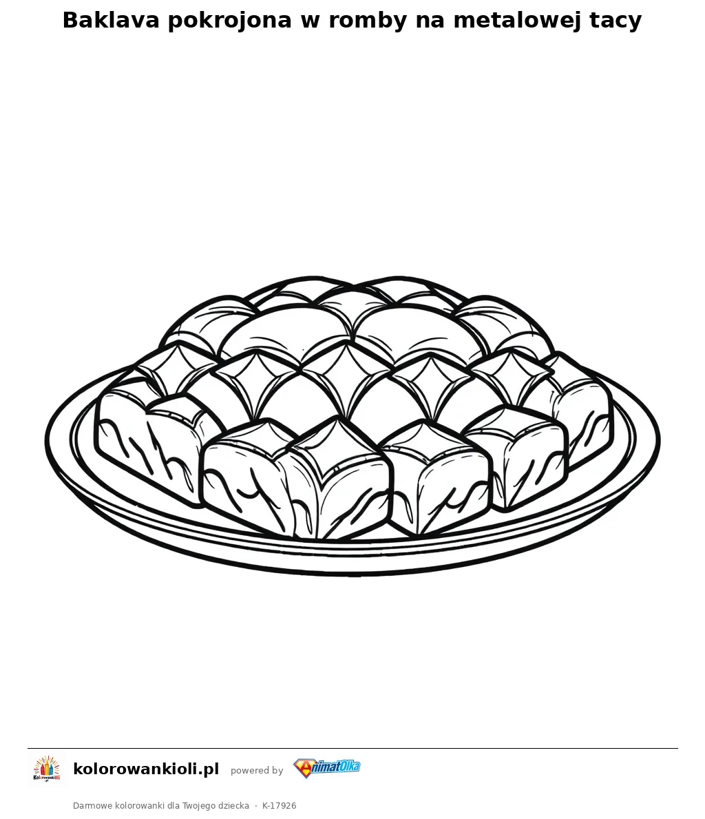 Baklava pokrojona w romby na metalowej tacy — kolorowanka do wydruku dla dzieci