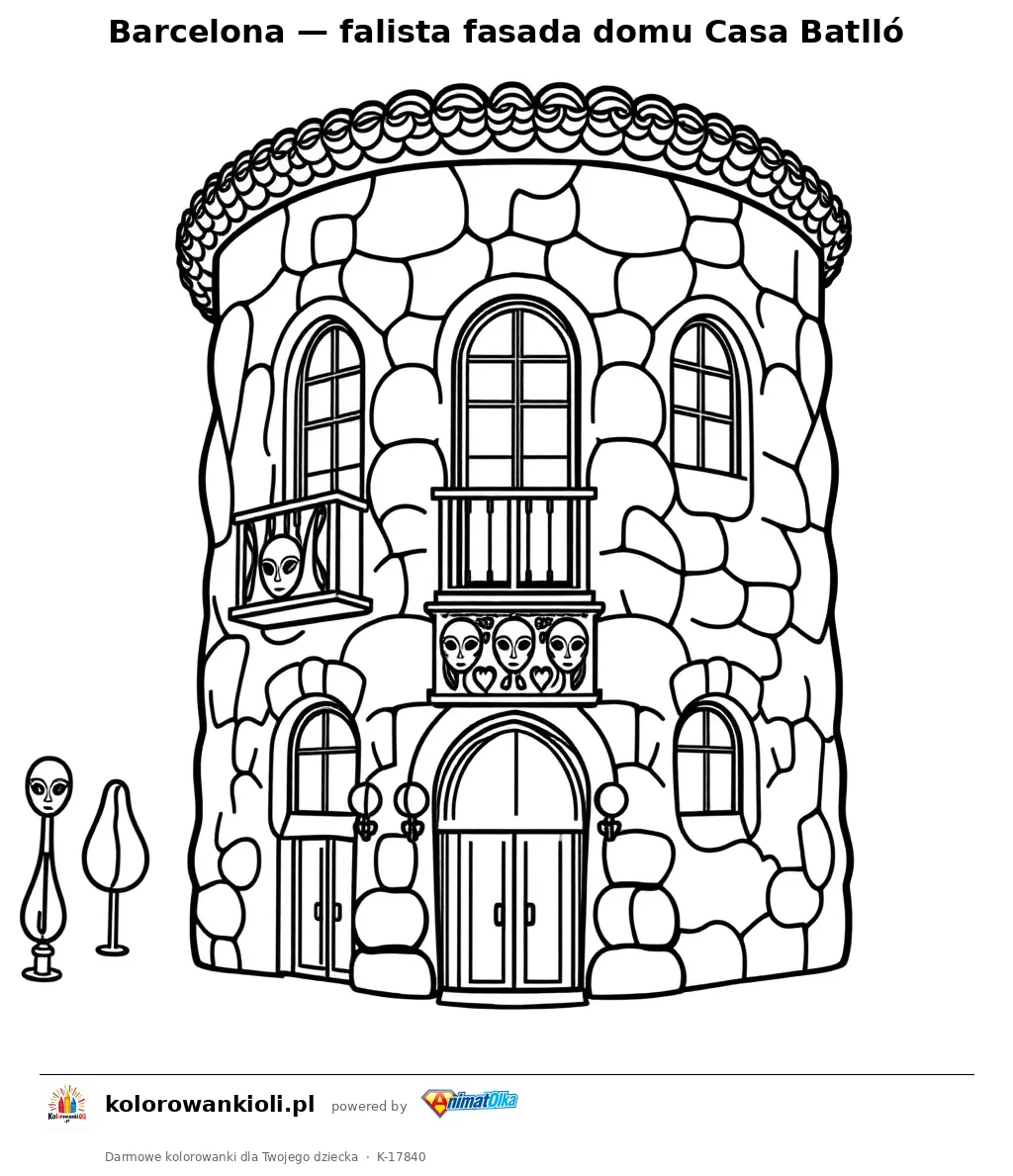 Barcelona — falista fasada domu Casa Batlló — kolorowanka do wydruku dla dzieci