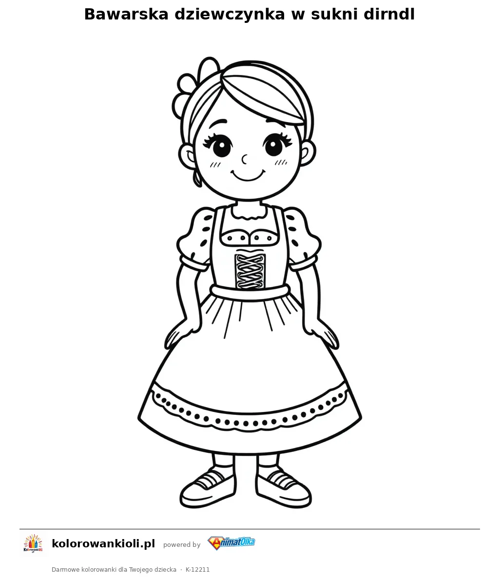 Bawarska dziewczynka w sukni dirndl — kolorowanka do wydruku dla dzieci