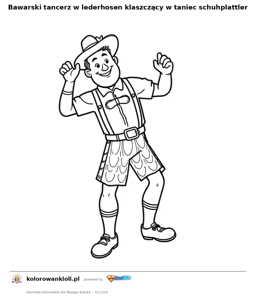 Bawarski tancerz w lederhosen klaszczący w taniec schuhplattler — kolorowanka do wydruku dla dzieci
