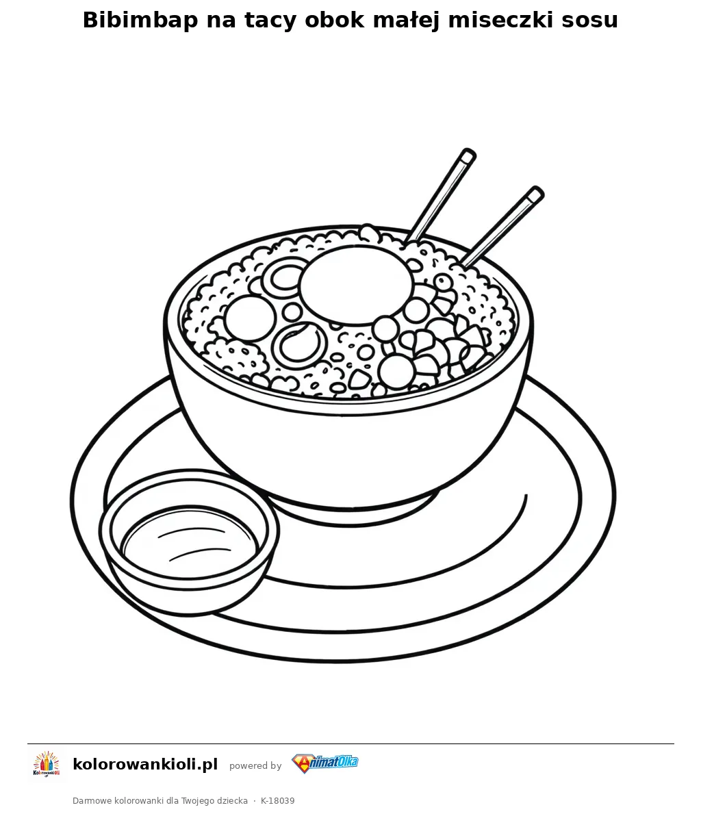 Bibimbap na tacy obok małej miseczki sosu — kolorowanka do wydruku dla dzieci