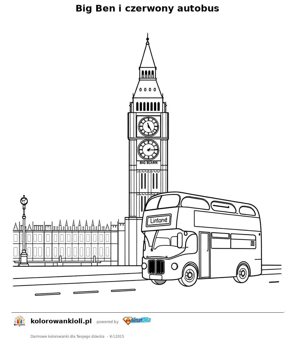Big Ben i czerwony autobus — kolorowanka do wydruku dla dzieci