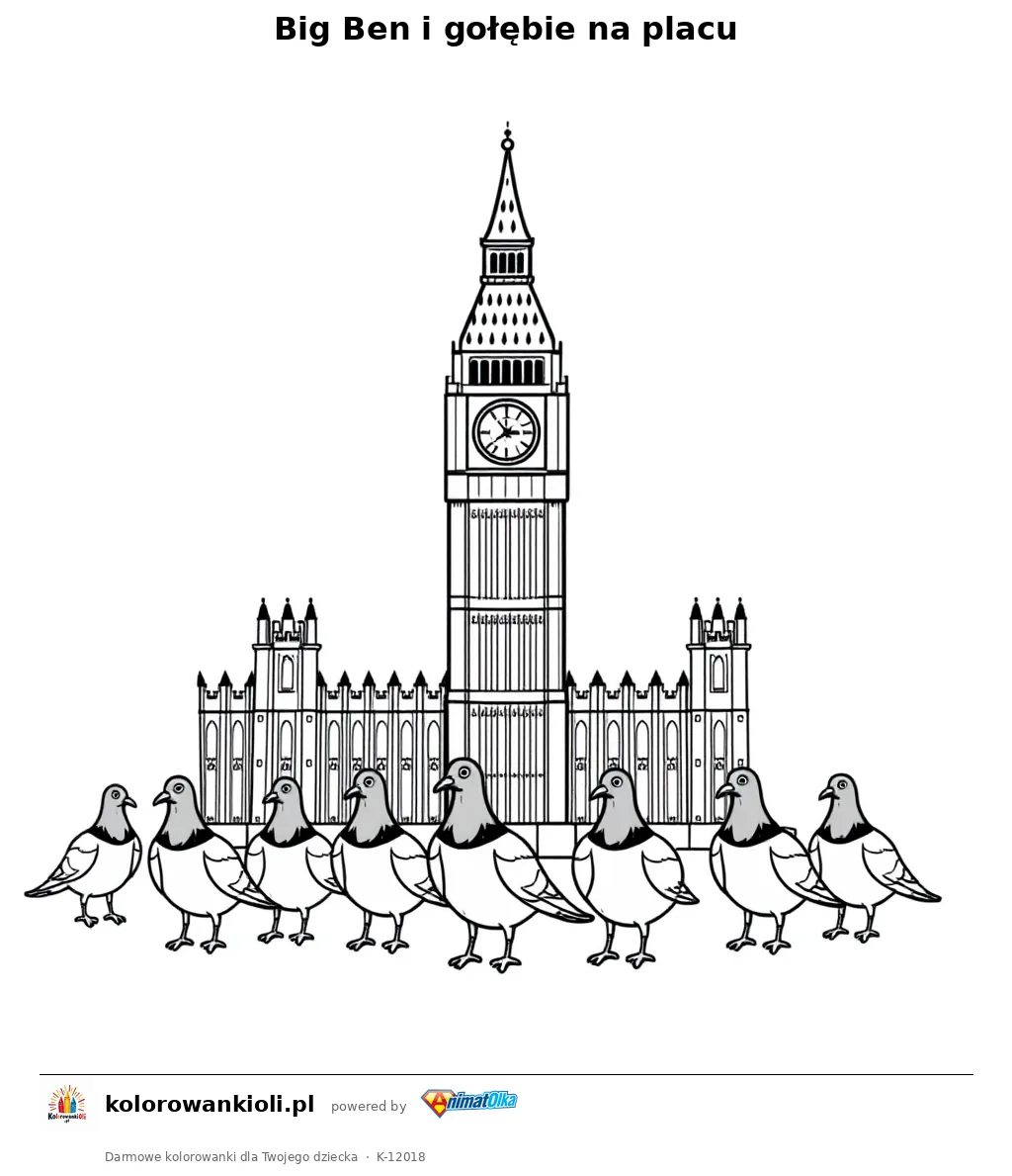Big Ben i gołębie na placu — kolorowanka do wydruku dla dzieci