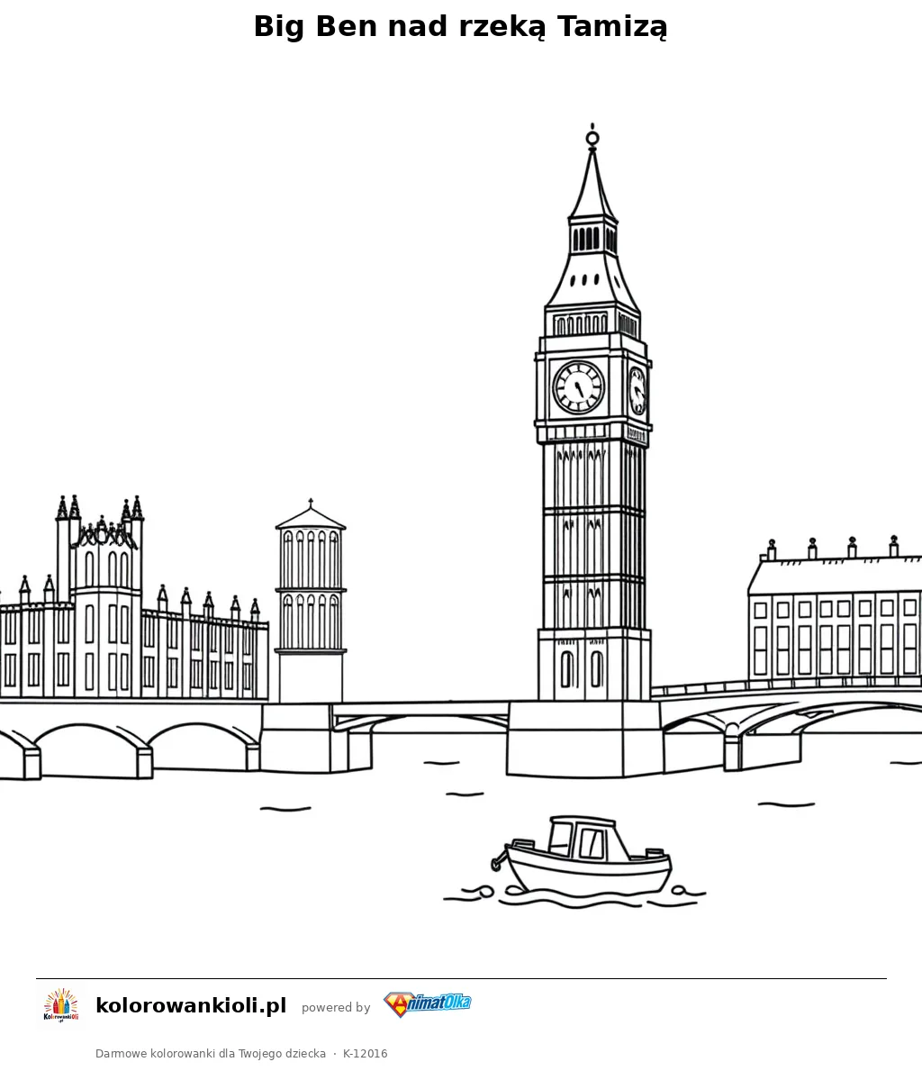 Big Ben nad rzeką Tamizą — kolorowanka do wydruku dla dzieci