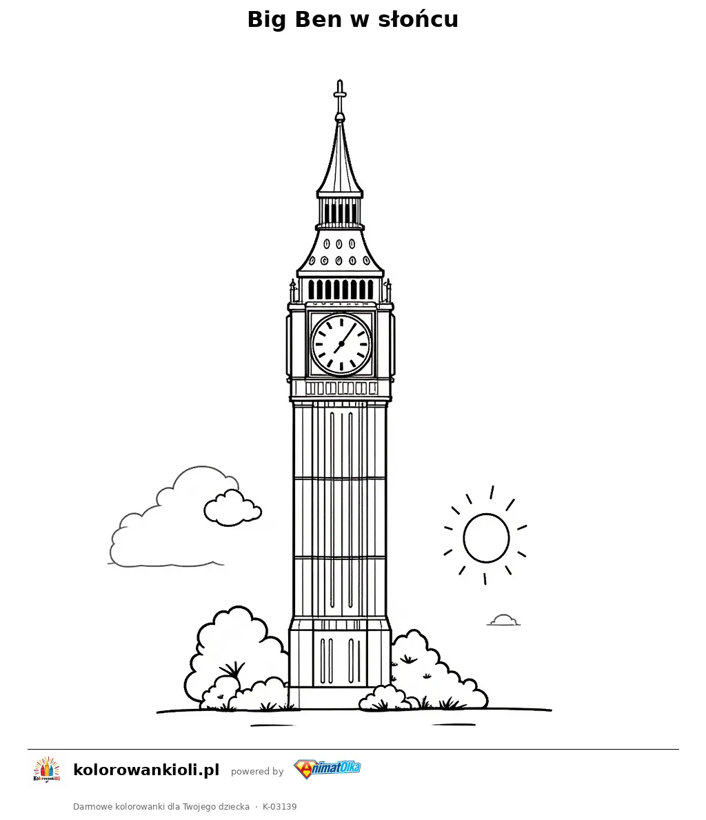 Big Ben w słońcu — kolorowanka do wydruku dla dzieci