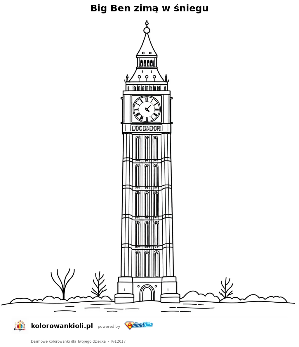 Big Ben zimą w śniegu — kolorowanka do wydruku dla dzieci
