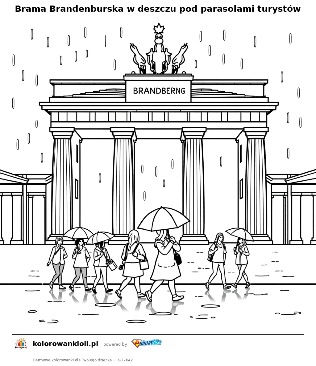 Brama Brandenburska w deszczu pod parasolami turystów — kolorowanka do wydruku dla dzieci