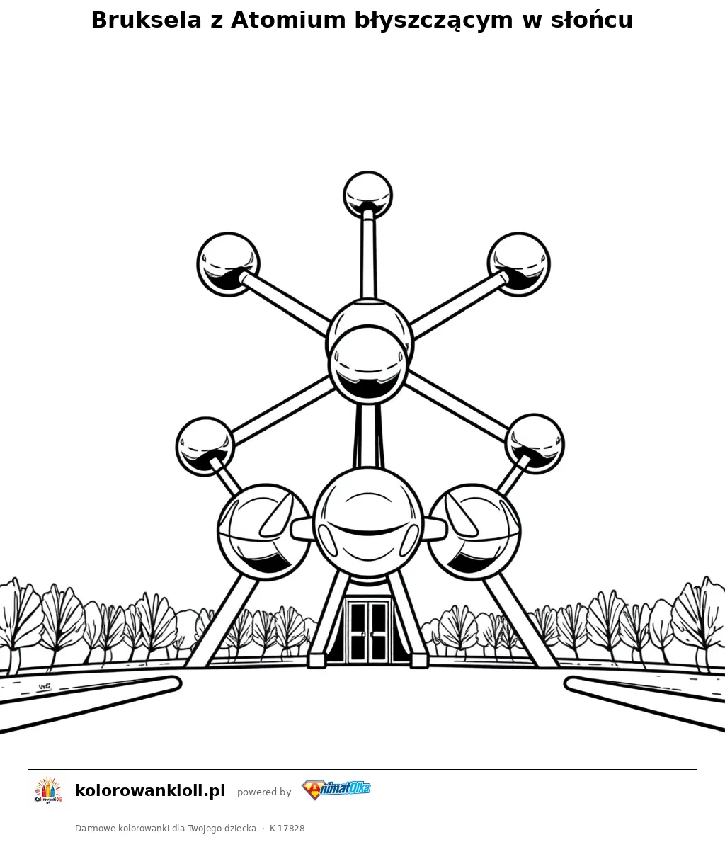 Bruksela z Atomium błyszczącym w słońcu — kolorowanka do wydruku dla dzieci
