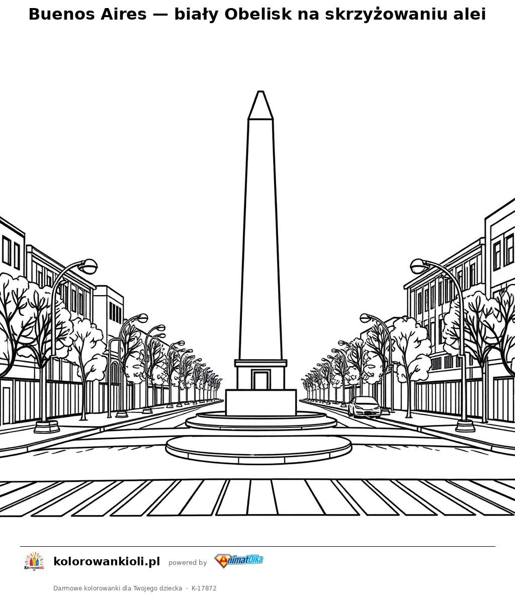 Buenos Aires — biały Obelisk na skrzyżowaniu alei — kolorowanka do wydruku dla dzieci