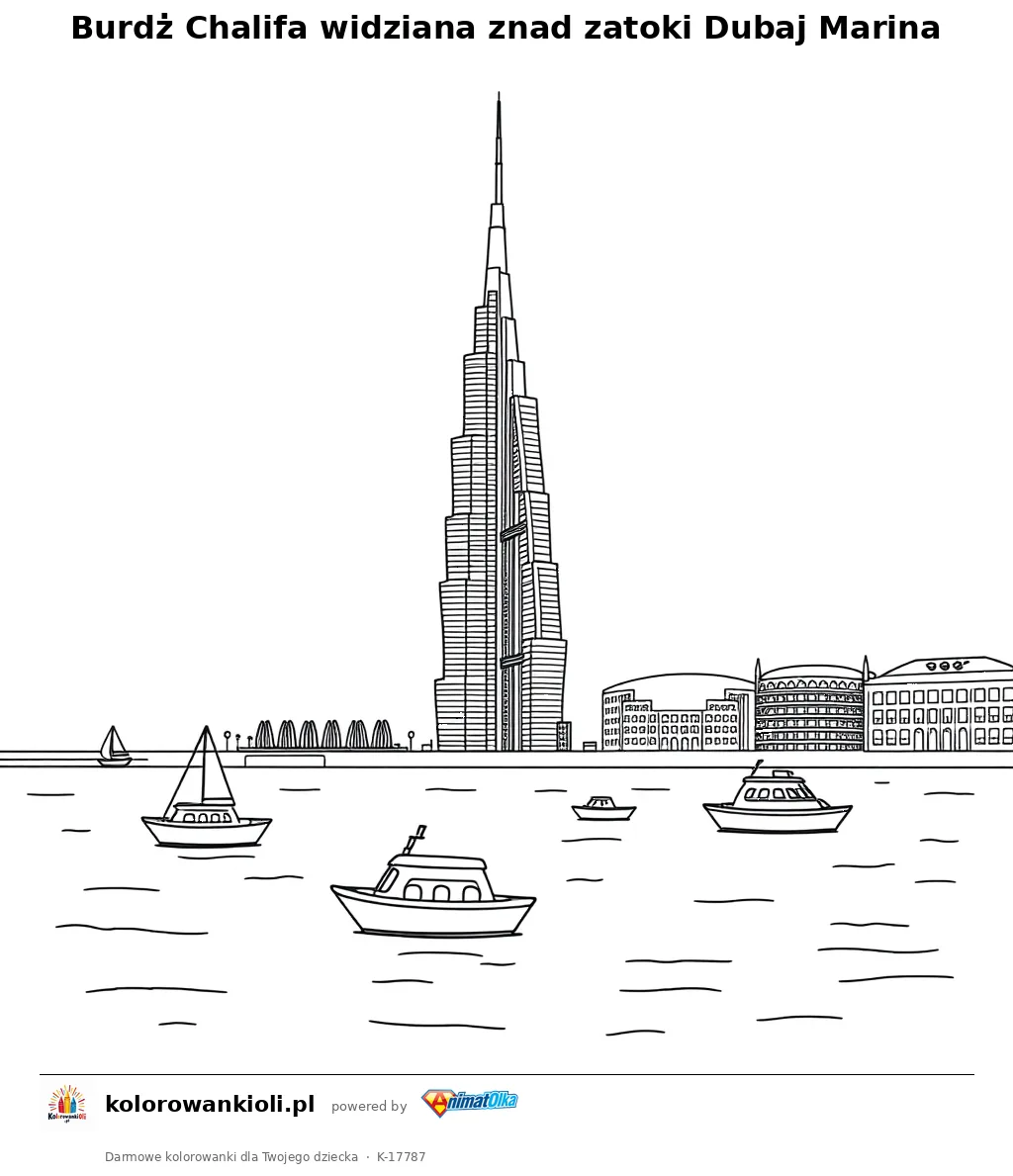 Burdż Chalifa widziana znad zatoki Dubaj Marina — kolorowanka do wydruku dla dzieci