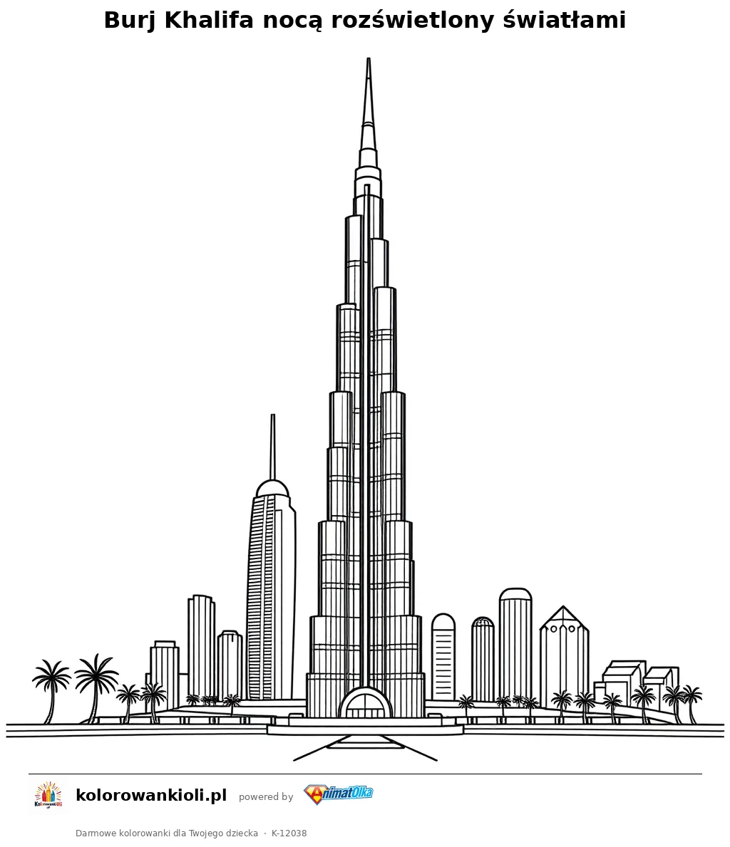 Burj Khalifa noca rozswietlony swiatlami — kolorowanka do wydruku dla dzieci