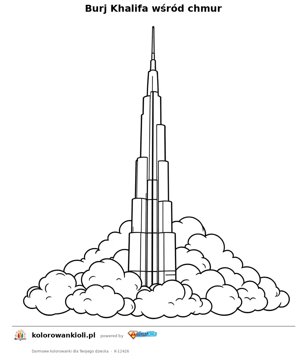 Burj Khalifa wśród chmur — kolorowanka do wydruku dla dzieci