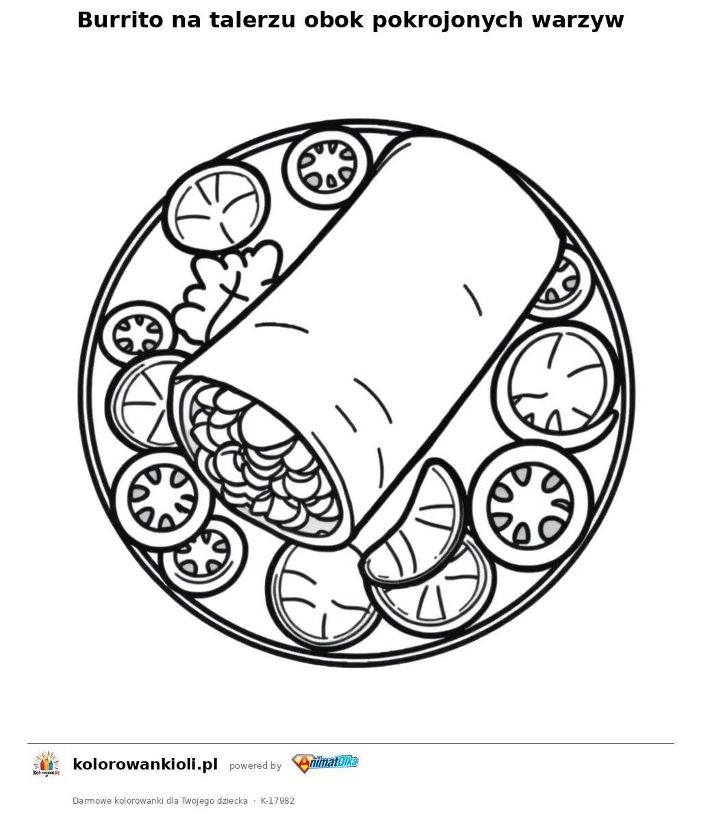 Burrito na talerzu obok pokrojonych warzyw — kolorowanka do wydruku dla dzieci