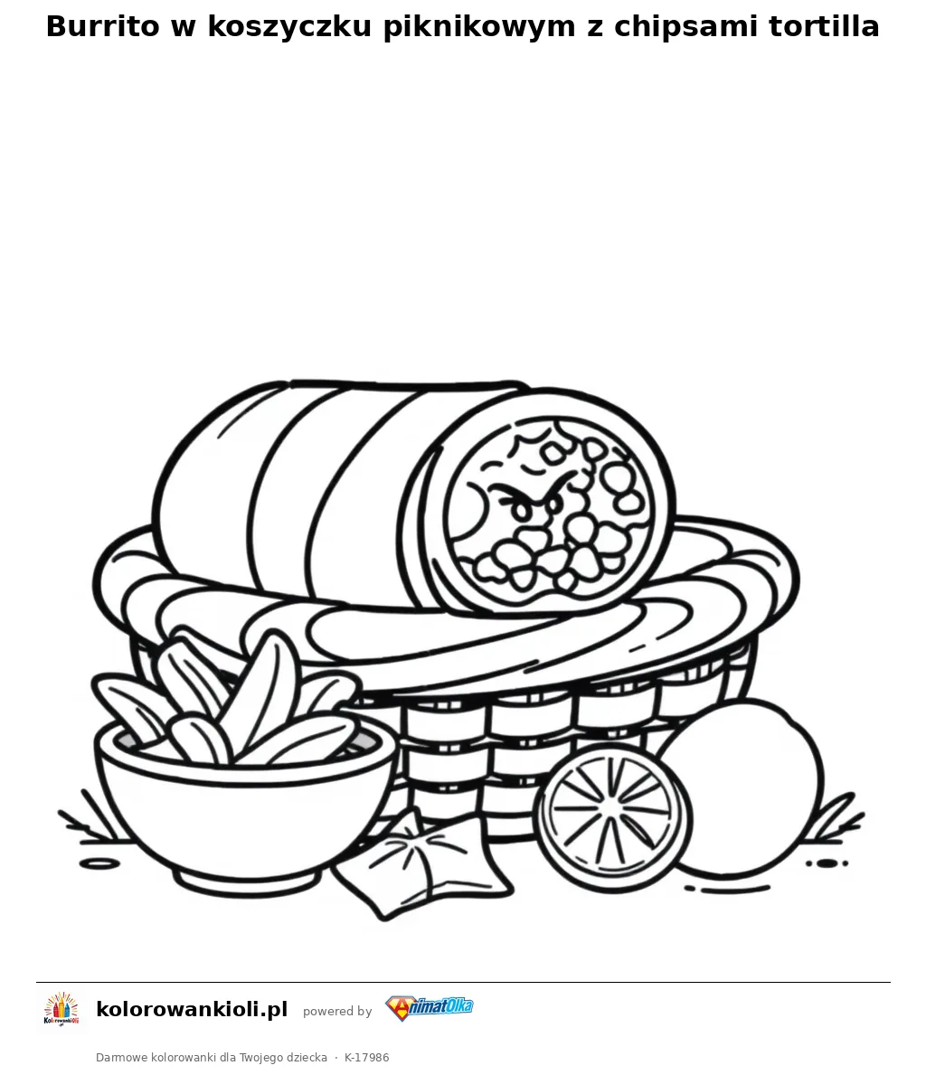 Burrito w koszyczku piknikowym z chipsami tortilla — kolorowanka do wydruku dla dzieci