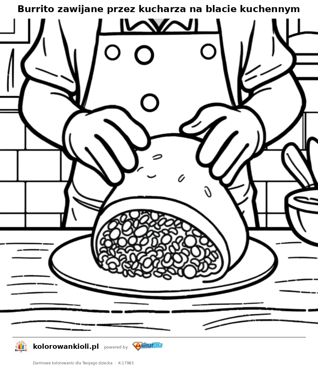 Burrito zawijane przez kucharza na blacie kuchennym — kolorowanka do wydruku dla dzieci