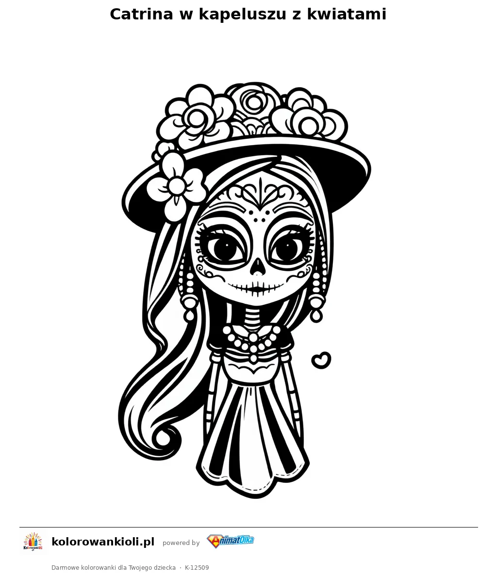 Catrina w kapeluszu z kwiatami — kolorowanka do wydruku dla dzieci