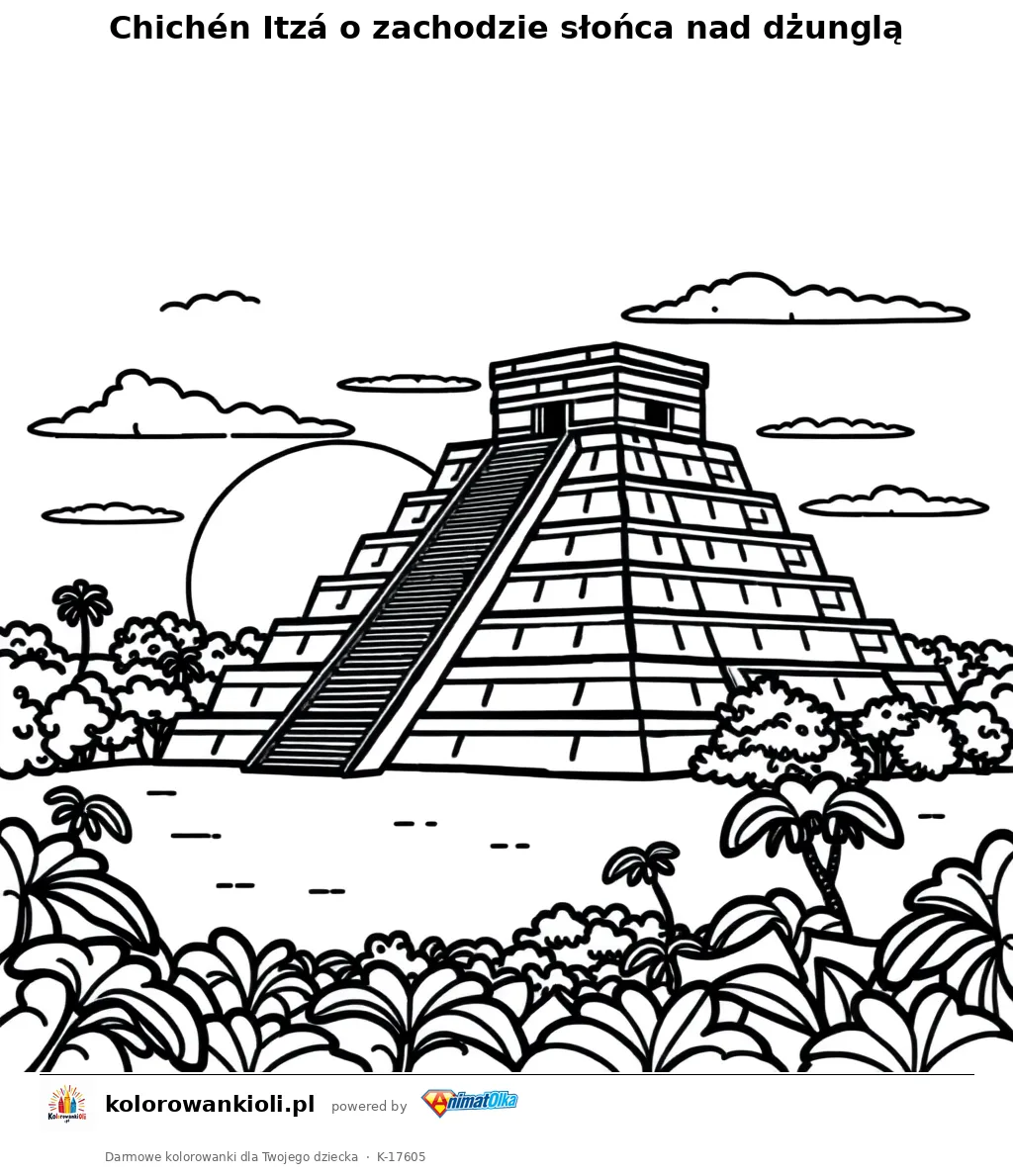 Chichén Itzá o zachodzie słońca nad dżunglą — kolorowanka do wydruku dla dzieci