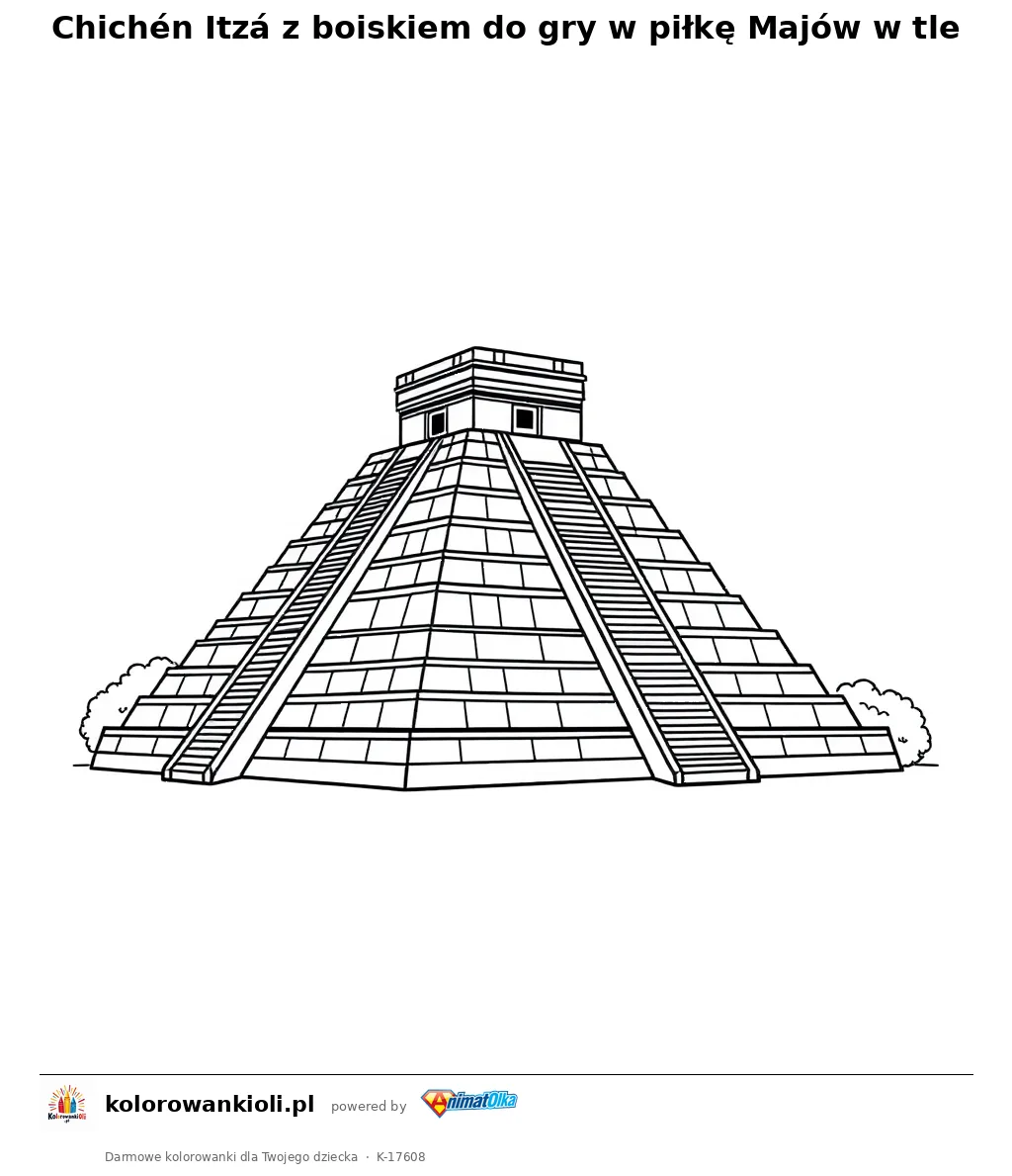 Chichén Itzá z boiskiem do gry w piłkę Majów w tle — kolorowanka do wydruku dla dzieci