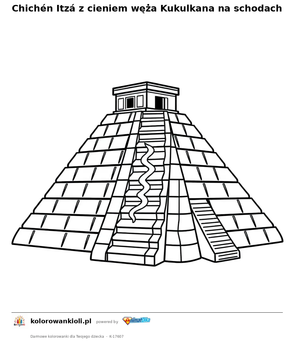 Chichén Itzá z cieniem węża Kukulkana na schodach — kolorowanka do wydruku dla dzieci