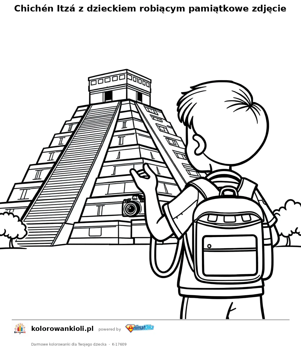Chichén Itzá z dzieckiem robiącym pamiątkowe zdjęcie — kolorowanka do wydruku dla dzieci