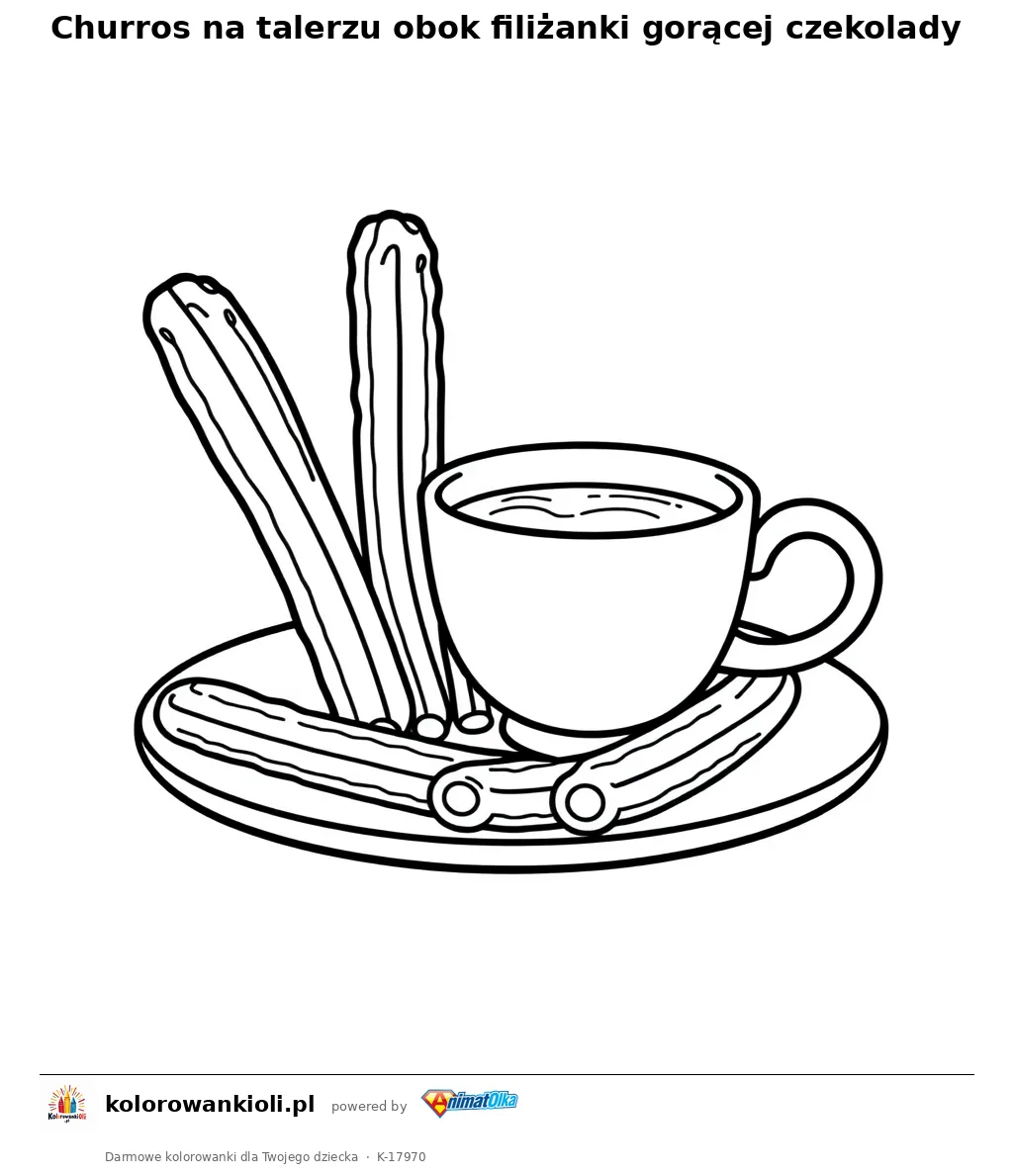 Churros na talerzu obok filiżanki gorącej czekolady — kolorowanka do wydruku dla dzieci